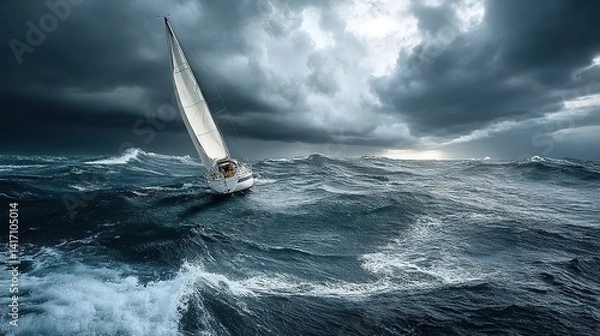 Obraz Stormy Sea Adventure. Sailboat battling rough waves under dark clouds. Represents human resilience against nature’s fury