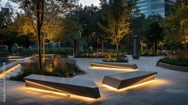 Fototapeta A modern public park with sculptural elements, interactive light installations, and sleek benches