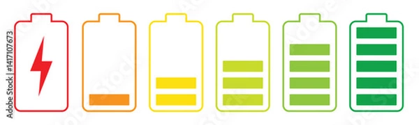 Obraz Battery charging indicator icon in white background. Fully charged and discharged battery in 0 to 100 % level icon. Vector illustration.