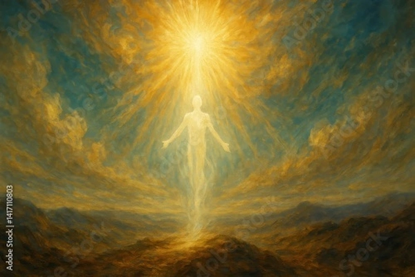 Fototapeta A radiant spiritual figure ascends through the cosmos, glowing with divine energy and surrounded by beams of celestial light.