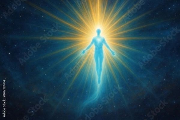 Fototapeta A radiant spiritual figure ascends through the cosmos, glowing with divine energy and surrounded by beams of celestial light.