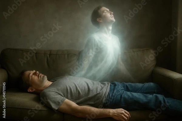 Fototapeta A man’s spirit or astral body rises from his physical form on a couch, symbolizing an out-of-body experience.