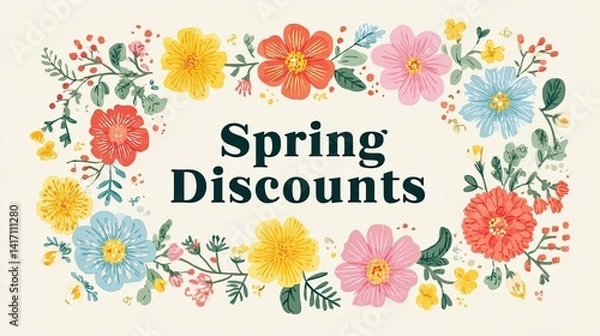 Fototapeta Spring discounts banner with colorful floral frame on light background