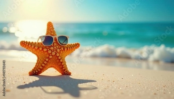 Obraz Starfish wearing shades basks in the sun's glow on the beach , sea star, sand, warm