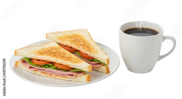 Fototapeta A breakfast scene featuring a sandwich with ham and a cup of coffee on a black background