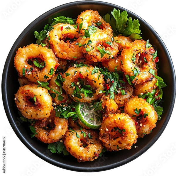 Fototapeta Top view of a delicious looking calamares rellenos on a dark porcelain dish isolated on a white transparent background.