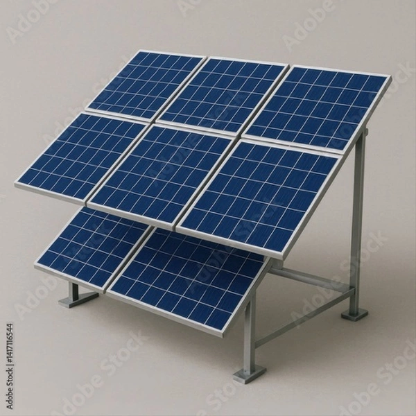 Fototapeta  A solar panel array consisting of twelve blue photovoltaic panels is mounted on a light gray metal support structure