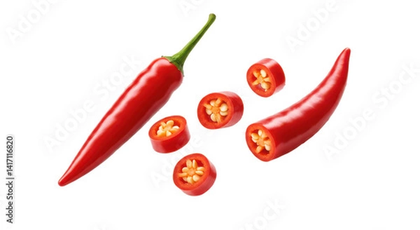 Fototapeta A vibrant display of red chili peppers with slices against a stark black backdrop creating contrast