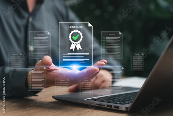 Obraz Certificate document online approved  concept, Businessman show Certificate and checklist document online, Top service Quality, Standards, ISO, Quality management, Globally trusted certificate