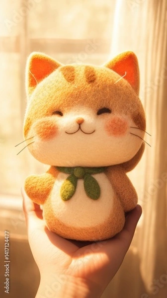Obraz Hand Holding a Cute Stuffed Cat Toy with Blush Cheeks