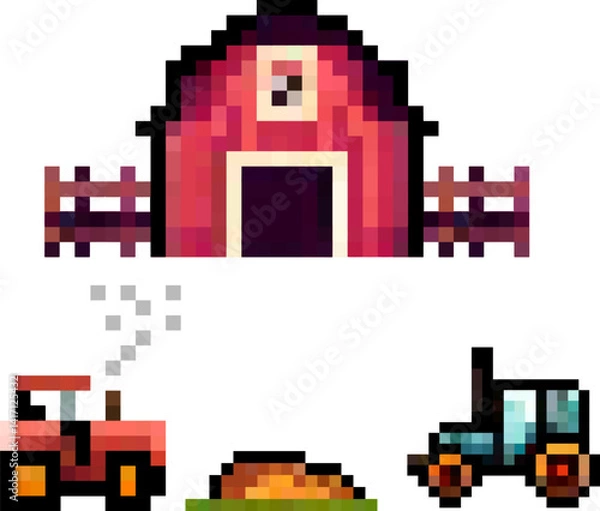 Fototapeta Tractor and barn pixel art vector.