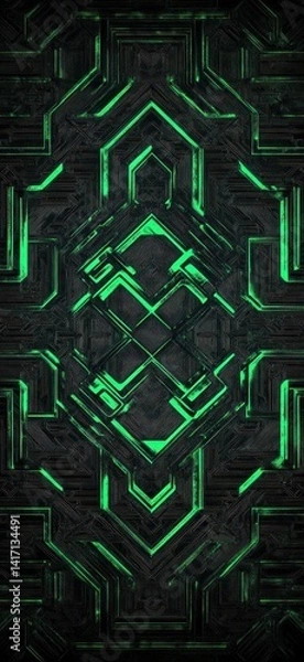 Fototapeta Abstract green tech pattern, dark background, digital art, website banner