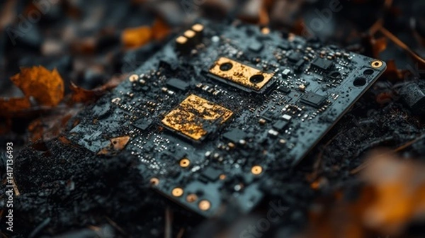 Fototapeta Discarded computer circuit board rests amidst dirt and fallen leaves