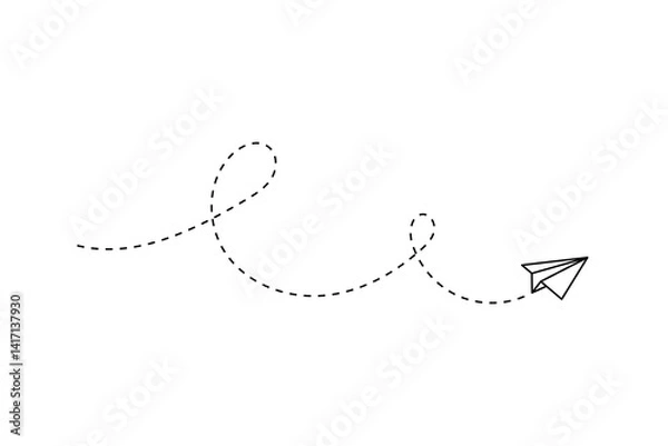 Fototapeta Paper plane with dotted line, paper airplane, travel symbol