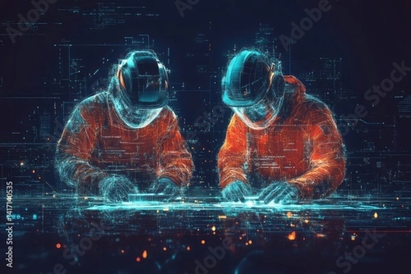 Fototapeta Two futuristic figures working on a digital holographic interface