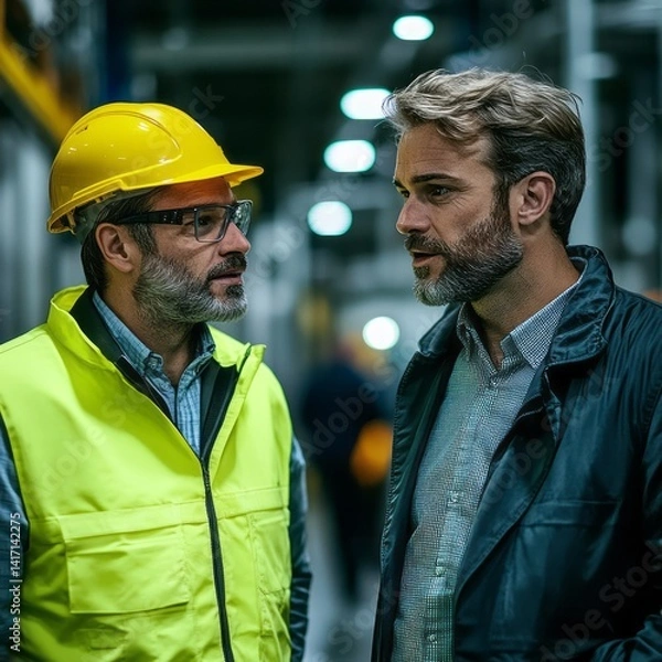 Obraz Two men discussing work inside a factory or warehouse