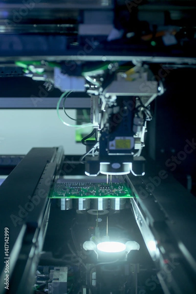 Fototapeta Circuit board moving through assembly line. Electronics component installation, CMD. Automated