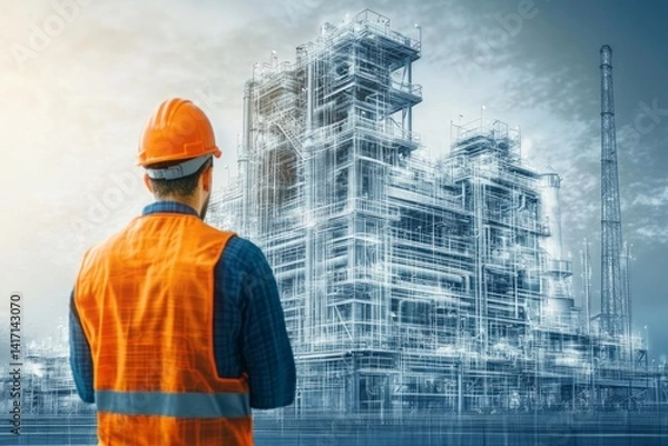 Obraz Engineer oversees industrial factory project with complex blueprint overlayed