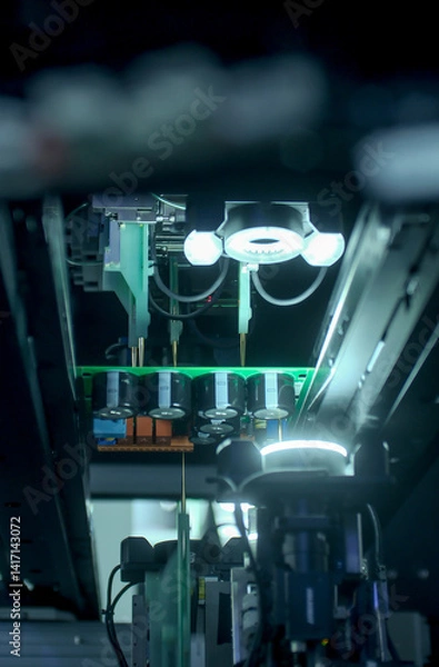 Fototapeta Circuit board moving through assembly line. Electronics component installation, CMD. Automated