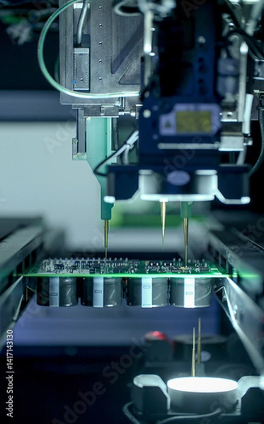 Fototapeta Circuit board moving through assembly line. Electronics component installation, CMD. Automated