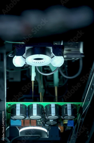 Fototapeta Circuit board moving through assembly line. Electronics component installation, CMD. Automated
