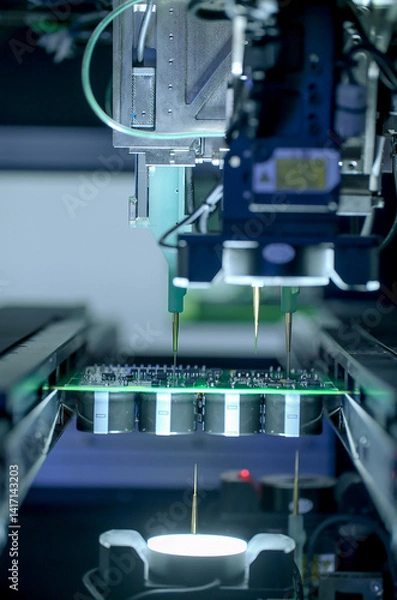 Fototapeta Circuit board moving through assembly line. Electronics component installation, CMD. Automated
