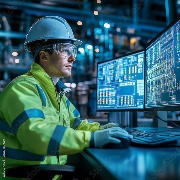 Obraz Engineer reviews complex schematics on dual monitors wearing safety gear