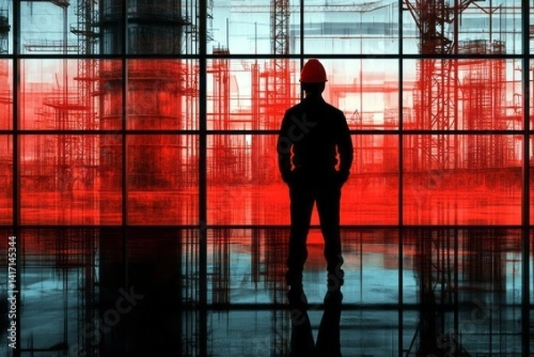 Obraz Construction worker stands inside a building observing a construction site