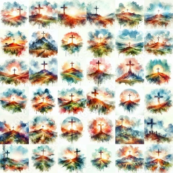Obraz Watercolor paint Cross on a Hill – Christian Hope and Resurrection Concept. AI generated illustration