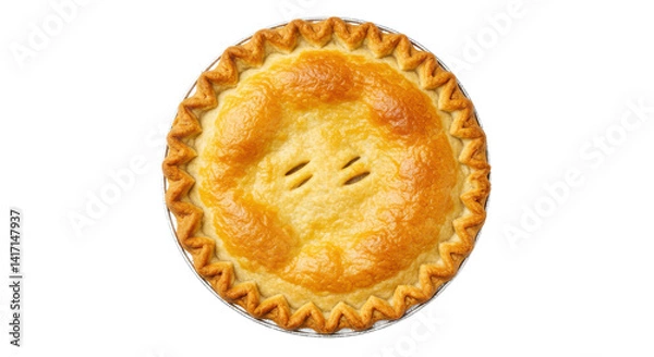 Fototapeta Overhead shot of a golden brown baked pie with a crimped crust in a metal tin on a black background
