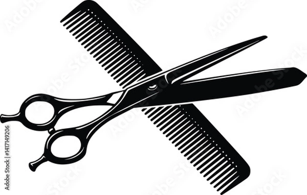 Fototapeta Silhouette of a pair of scissors crossed over a comb, symbolizing hairdressing, grooming, and professional barber tools