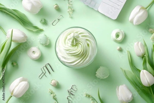 Fototapeta A visually appealing flatlay featuring a swirl of delicate, soft-hued cream, surrounded by a selection of matching blossoms and objects, creating a scene of minimalist elegance.
