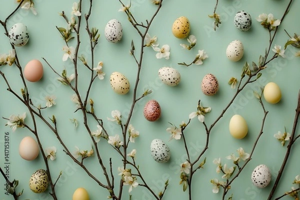 Obraz A pastel composition with easter eggs nestled amidst delicate blooming branches, captured from a high-angle perspective.