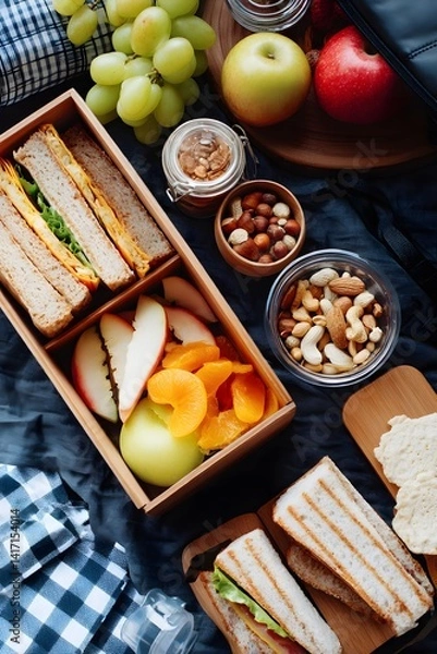Obraz A delightful picnic spread. Savor the flavors of fresh fruits, crunchy nuts, and perfectly crafted sandwiches, a visual feast for any foodie, all artistically arranged to tempt the eye.