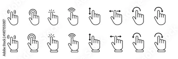 Fototapeta Cursor icon set with arrow, hand pointer, click effects, hourglass, magnifier, and touch screen symbols. Classic UI cursor pack for apps, web, and digital interface. Vector illustration.