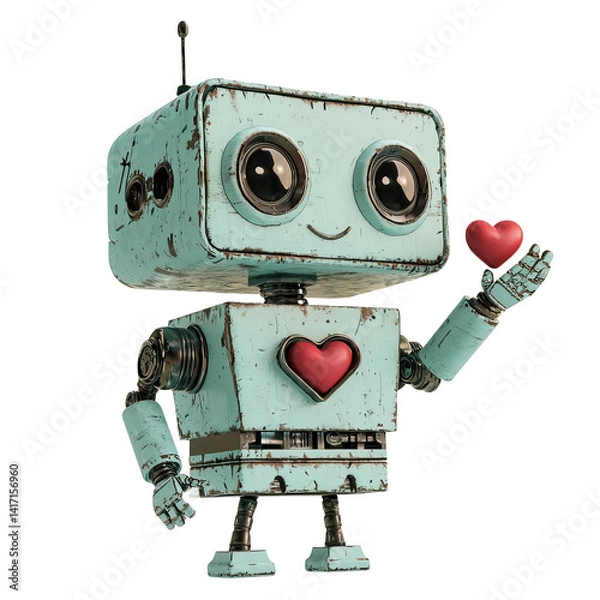 Fototapeta Png of A charming blue robot with round eyes holds a red heart, radiating fun and affection in a whimsical design.