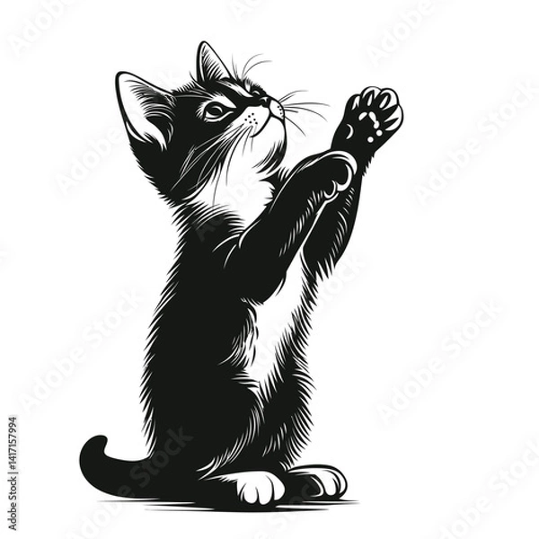Obraz Monochrome illustration of a cute kitten standing on its hind legs with its front paws raised, looking upwards as if playing or reaching for something. Represents a pet, animal, cuteness, and playful 