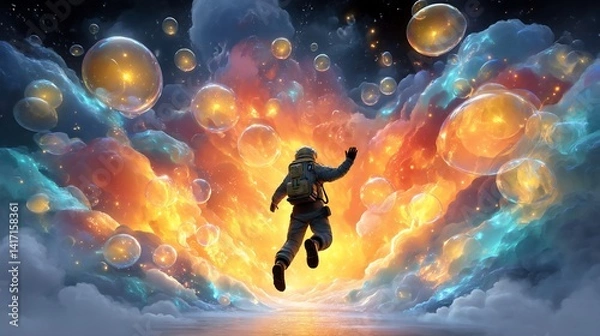 Fototapeta Astronaut floating amid clouds and bubbles, surreal vibrant cosmic space