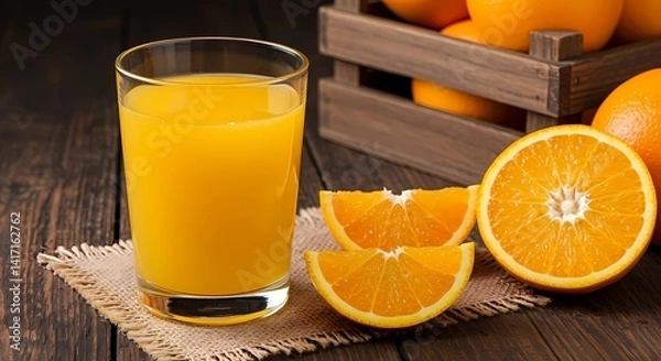 Fototapeta A Glass of Fresh Orange Juice Sits on a Table Beside a Vibrant Bunch of Oranges, Showcasing a Refreshing Breakfast Scene
