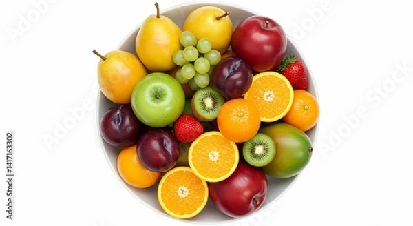 Fototapeta A Vibrant Bowl of Mixed Fruits, Featuring Oranges, Strawberries, and Kiwis, Displayed on a Rustic Kitchen Countertop