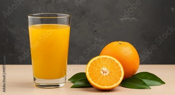 Fototapeta A Glass of Bright Orange Juice and a Whole Orange on a Rustic Table Are Perfect for a Morning Vitamin Boost