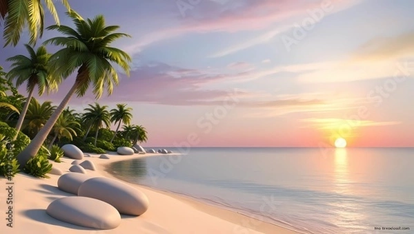 Fototapeta Tropical Beach Scene Featuring Palm Trees, Rocky Formations, and Clear Blue Waters Under a Bright Sky