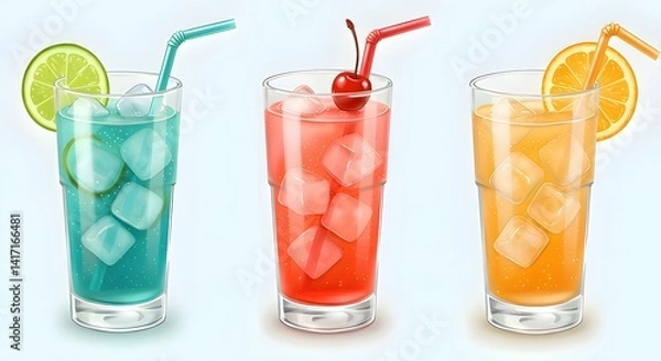 Fototapeta A Colorful Assortment of Three Drinks With Ice and Straws, Ideal for a Summer Gathering or Festive Occasion