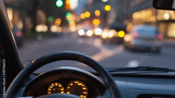 Fototapeta View From Car Cabin Capturing City Traffic and Urban Life at Dusk : Generative AI