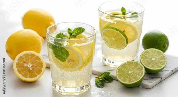 Fototapeta Brightly Colored Lemonade in Two Glasses, Topped With Lime Slices and Mint Leaves, Is Perfect for a Summer Day