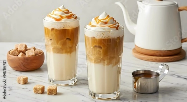 Fototapeta Two Delicious Coffee Drinks With Whipped Cream and Caramel, Elegantly Presented on a Rustic Wooden Surface