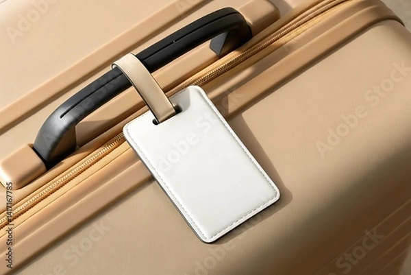 Fototapeta Close-up shot of a beige luggage with a luggage tag on it. The scene creates a sense of travel, preparation, and journey. Mockup for advertising 