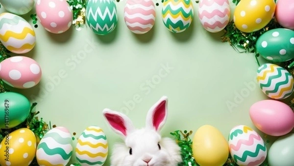 Fototapeta Easter party. Top view photo of easter bunny ears white, pink, green, yellow eggs and confetti 1