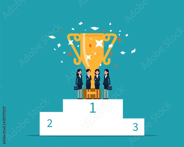Fototapeta Business team with winning trophy on first place podium