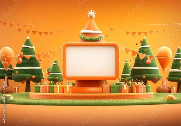 Fototapeta Orange and green Christmas scene with blank sign. 3D rendered illustration of a festive background with Christmas trees, presents, balloons, and party flags. The main focus is a blank orange sign